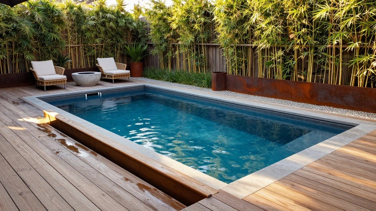 A small rectangular half-inground pool with teal mosaic tiles, surrounded by light wooden decking on three sides, lounge chairs on the deck, potted plants, and bamboo screening along a fence.