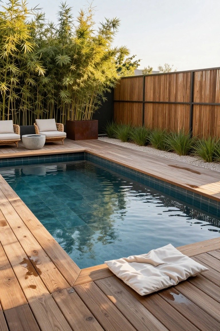 A small rectangular half-inground pool with teal mosaic tiles, surrounded by light wooden decking on three sides, lounge chairs on the deck, potted plants, and bamboo screening along a fence.