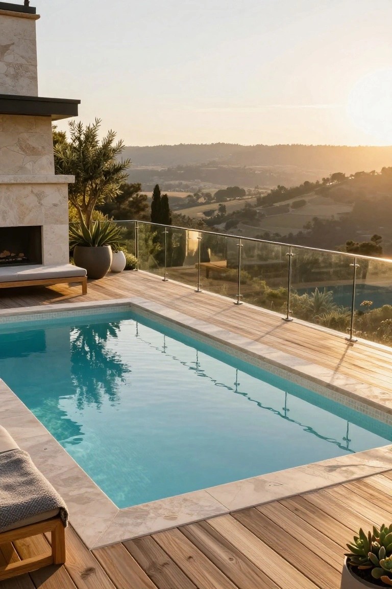 Rectangular turquoise pool surrounded by light wood decking on a terrace with glass railings, stone fire pit, potted plants, gray daybed lounger, and view of rolling hills at sunset.