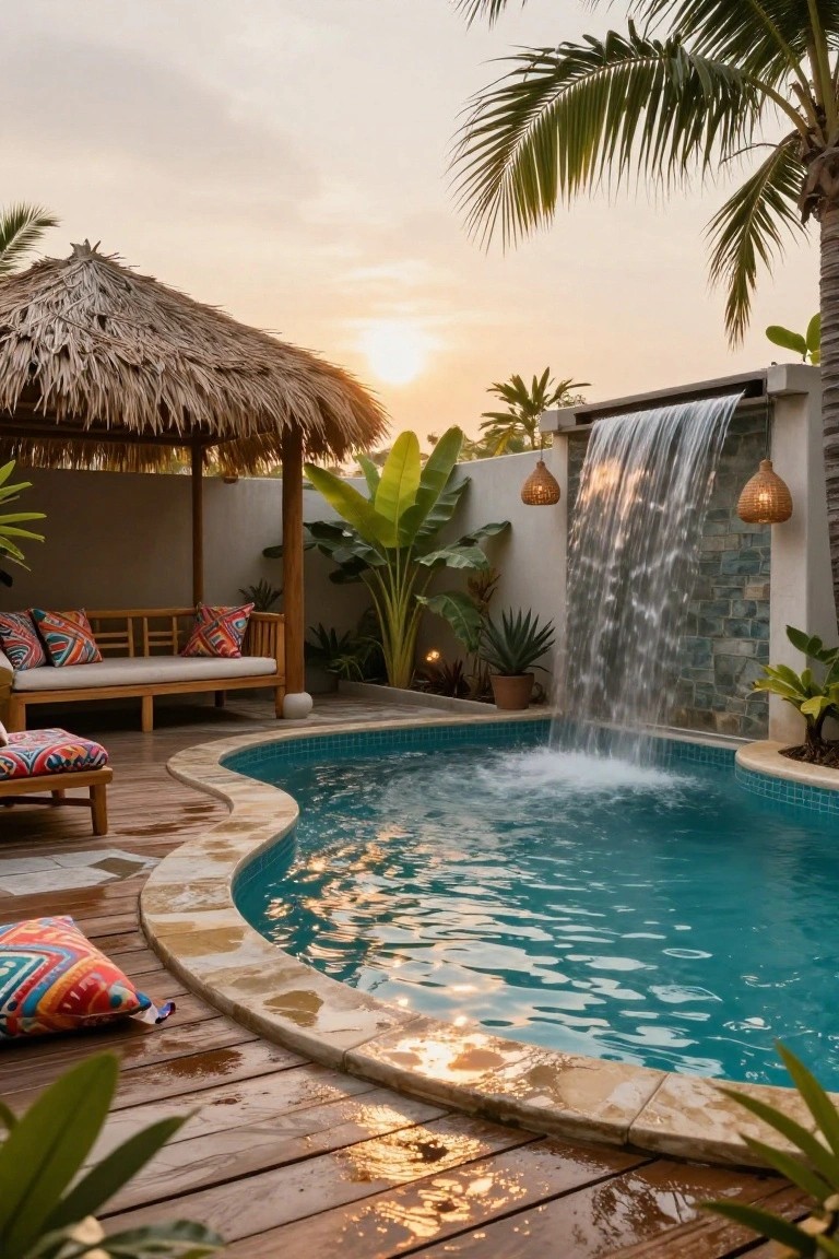 Curved turquoise half inground pool edged with light wood decking, adjacent thatched pergola with wooden bench and colorful cushions, tropical plants, stone waterfall wall, and pendant lights against white architecture at sunset.
