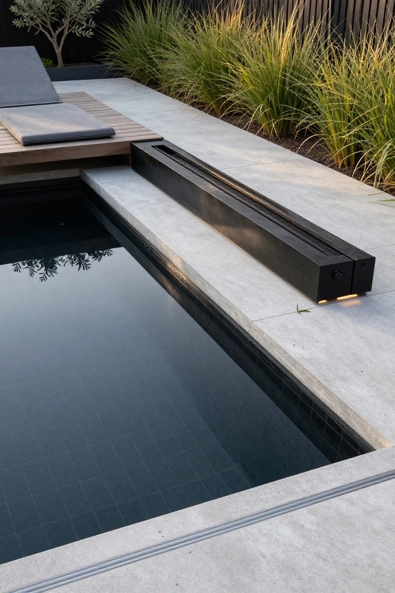 Half-inground pool with dark tiled interior, concrete deck edge featuring long black rectangular gas fire pit, adjacent wooden deck platform with gray cushioned lounger, ornamental grasses, olive tree, and black fence in background.