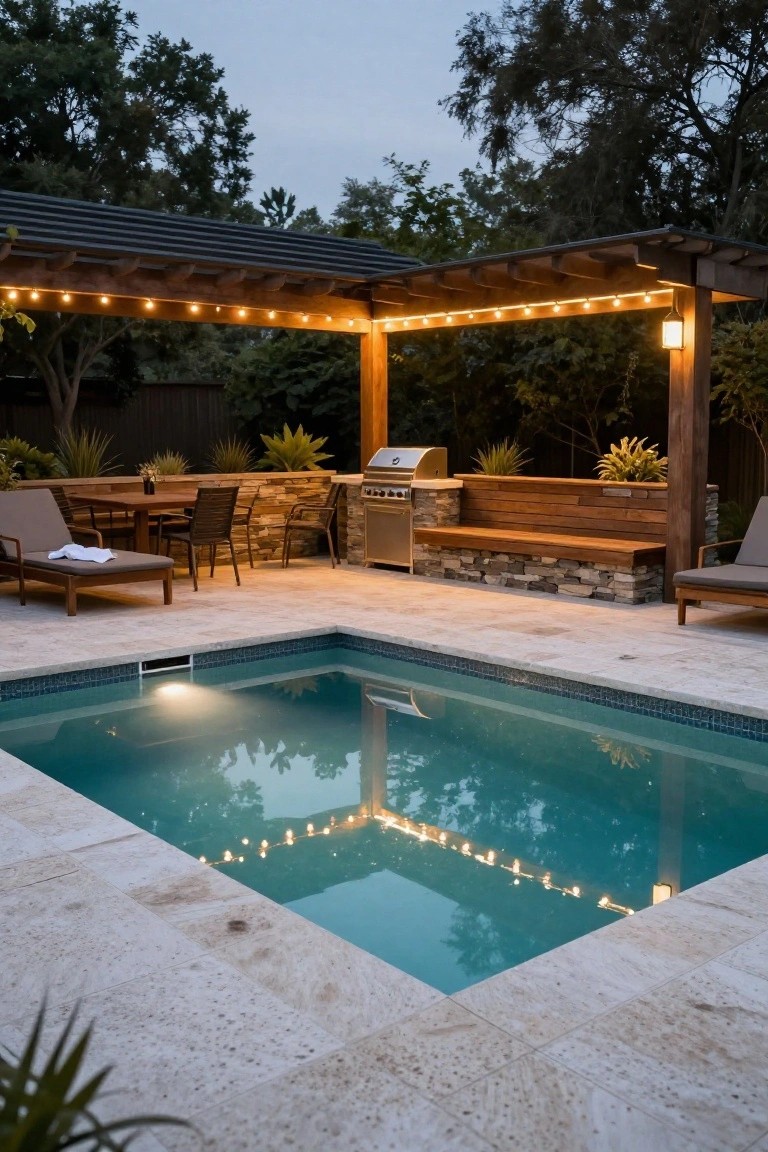 Wooden pergola with string lights over lounge chairs and dining table beside a turquoise half-inground pool on travertine decking, next to a built-in grill, stone bench, and plants with trees in background at dusk.