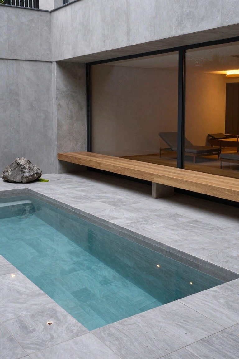 Small rectangular pool with turquoise water and underwater lights, surrounded by light gray tiled decking, a long cantilevered wooden bench extending from the concrete wall above the pool, a large gray rock with moss nearby, and a modern interior with lounge chairs visible through floor-to-ceiling glass windows.