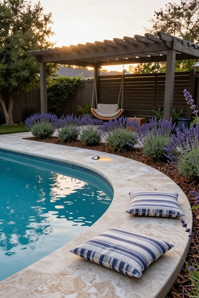 Curved edge of a half-inground pool with beige travertine decking, two blue and white striped pillows placed on the deck edge, lavender plants and mulch bordering the pool, wooden pergola swing nearby at sunset.
