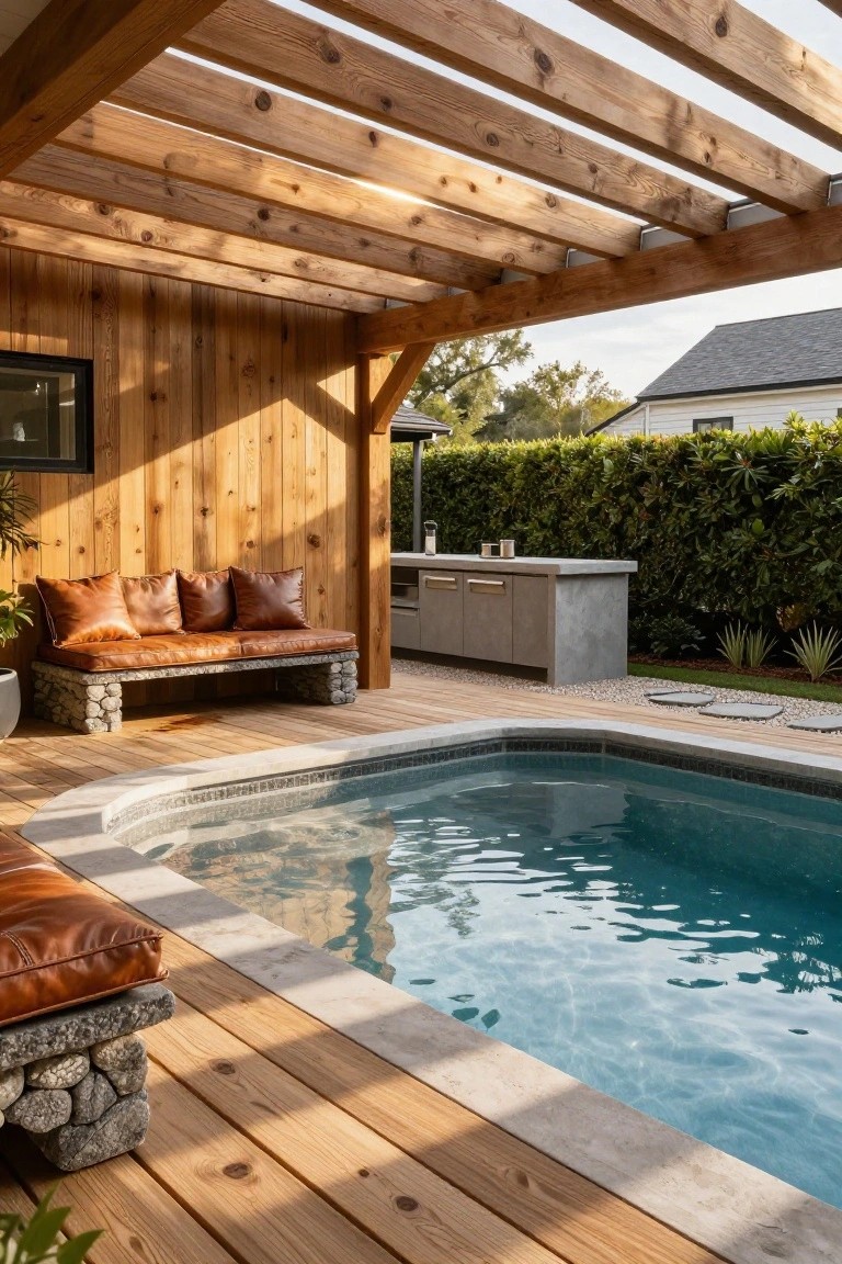 Wooden deck around a half inground pool under a pergola with a bench of stacked stones topped by brown leather cushions, an outdoor kitchen counter, and hedges nearby.