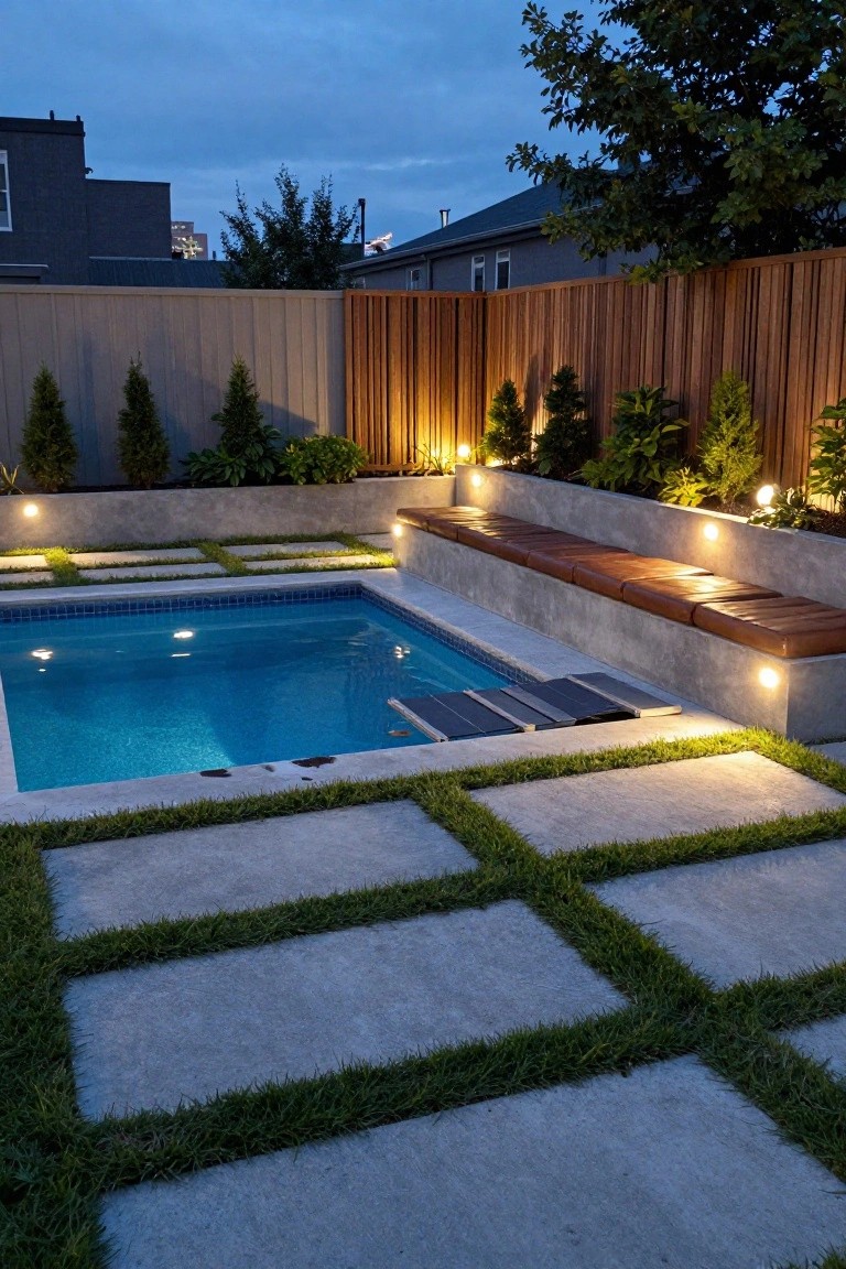 Evening photo of a small rectangular inground pool with blue tiles, concrete steps, integrated bench seating on one side along a gray retaining wall, surrounded by large pavers with grass strips, low-voltage lights, plants, and wooden fences.