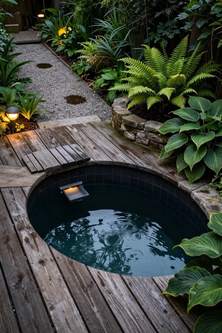 A round dark-tiled half-inground pool recessed into a weathered wooden deck, surrounded by lush ferns, hostas, stone walls, gravel path, and garden lights.