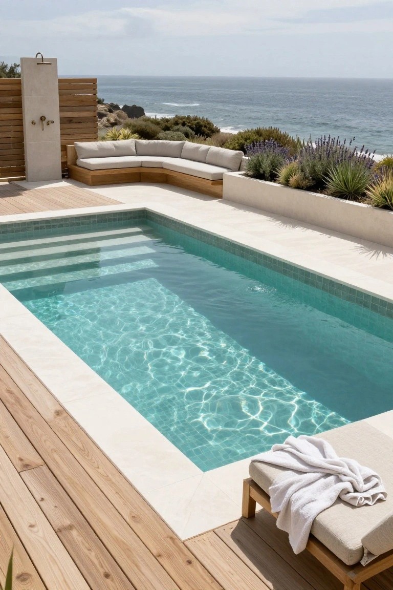 Rectangular turquoise-tiled half inground pool with white stone coping surrounded by light wooden decking, curved built-in bench, outdoor shower enclosure, potted succulents, and ocean view beyond.