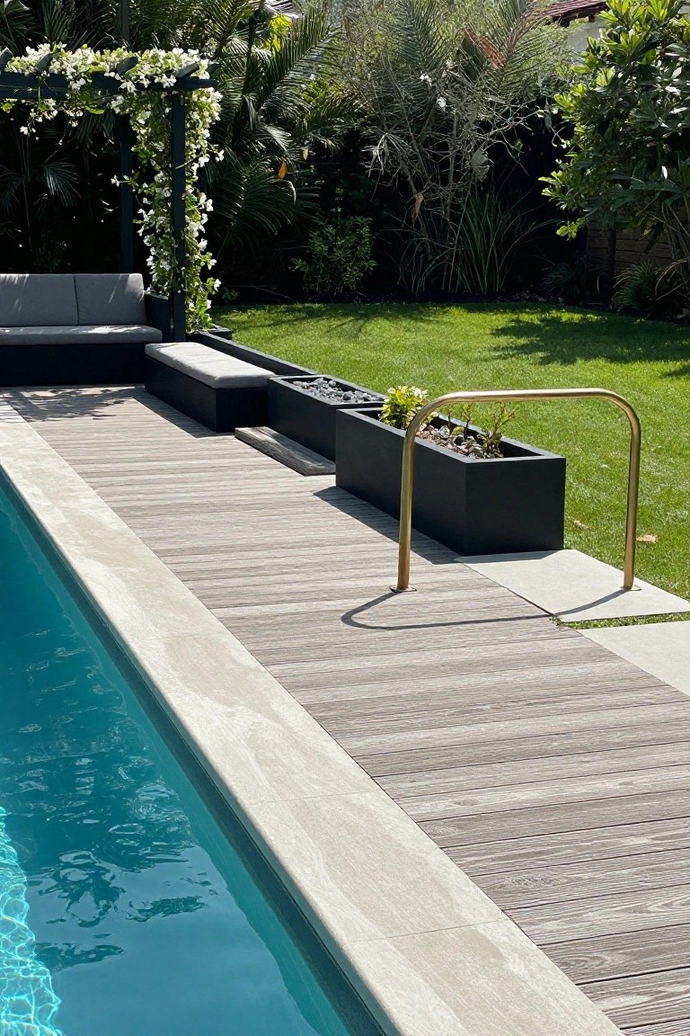 Close view of a turquoise half-inground pool with light wood decking along the edge, black rectangular planters with greenery, curved brass handrail, gray outdoor sofa, tropical plants, and green lawn in background.