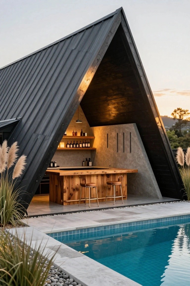 Black metal A-frame structure shelters a wooden bar counter with two stools and backlit bottle shelves beside a turquoise pool edged in white tiles and pampas grass.