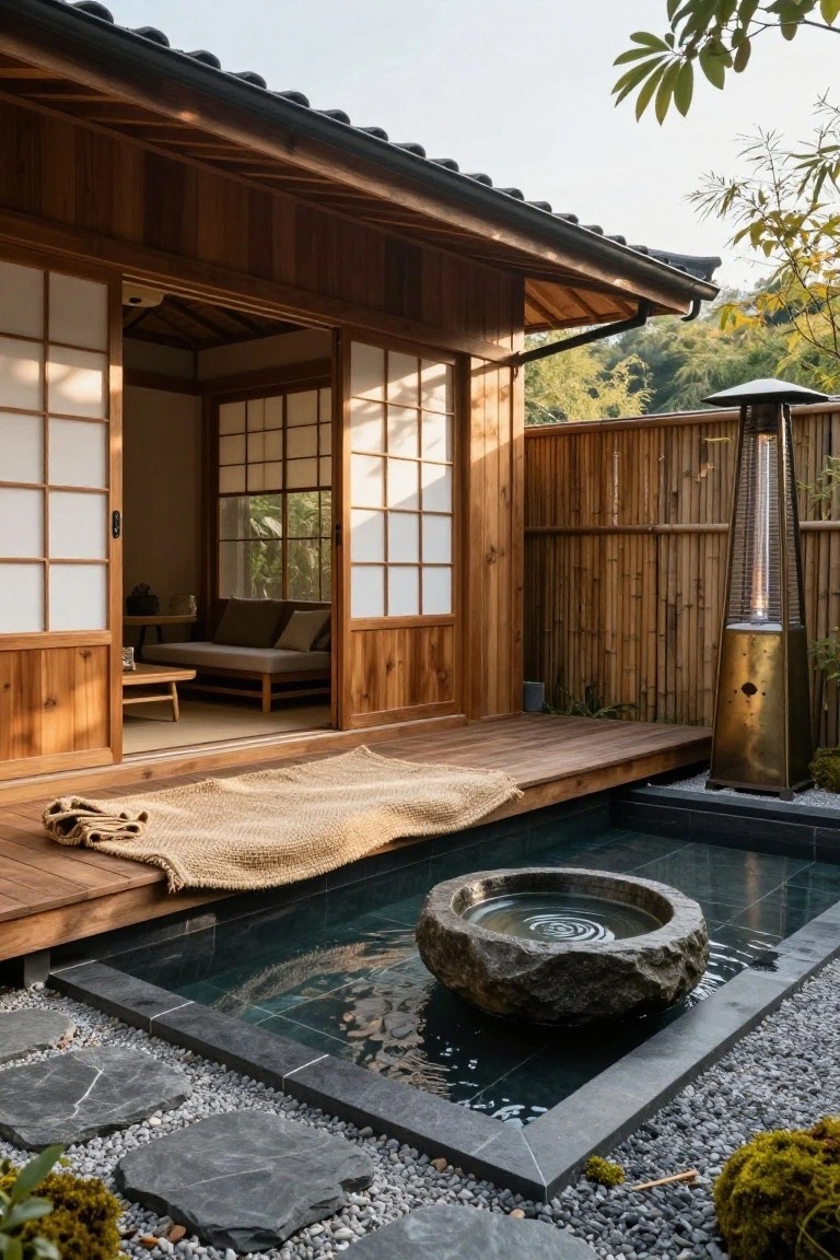 Wooden deck of a Japanese-style house with open shoji doors, overlooking a square dark-tiled basin containing a large rough stone basin filled with water, gravel ground cover, stepping stones, bamboo fence, patio heater, and surrounding plants.