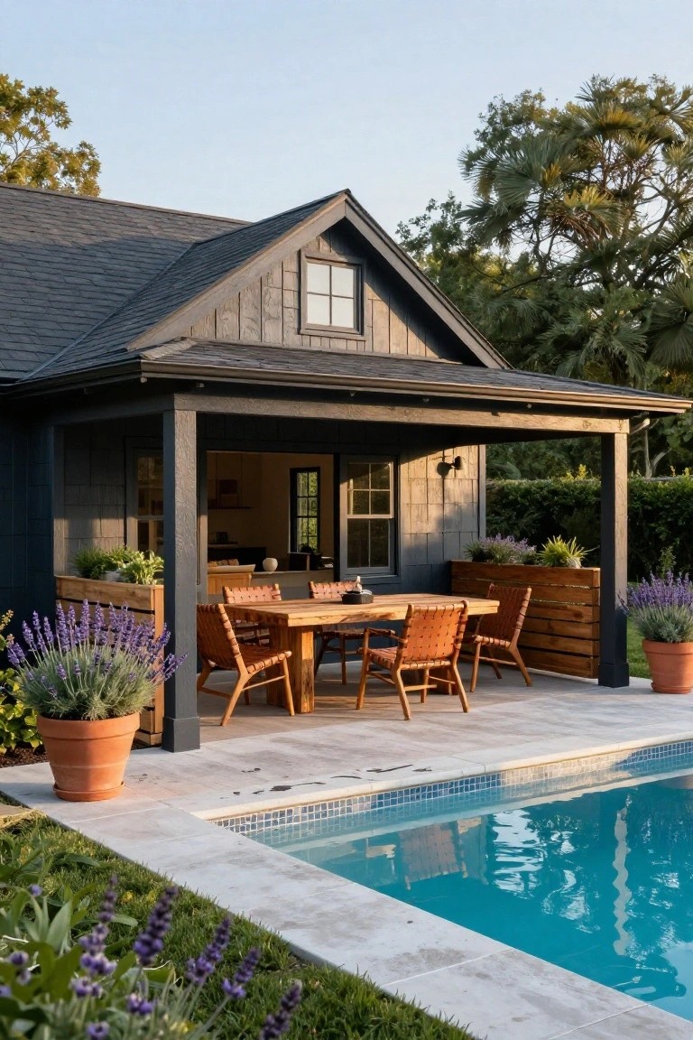 Dark gray board-and-batten pool house with gabled roof and covered porch holding a rectangular wooden dining table surrounded by six tan woven leather chairs, adjacent to a blue-tiled infinity-edge pool on a light stone patio, with potted lavender plants and trees nearby.