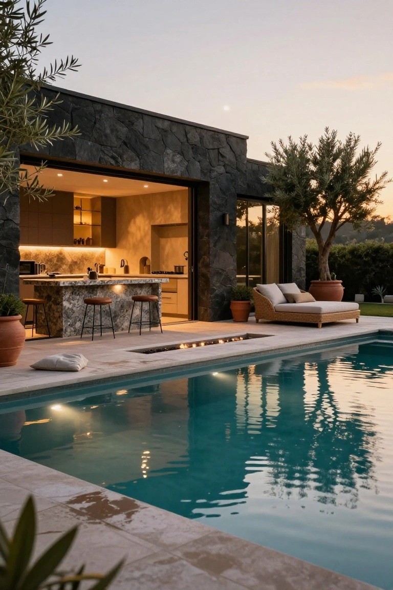 Modern pool house with black stone walls, open kitchen featuring a marble island with bar stools, turquoise pool, poolside fire pit, lounge chair, potted plants, and olive trees at dusk.