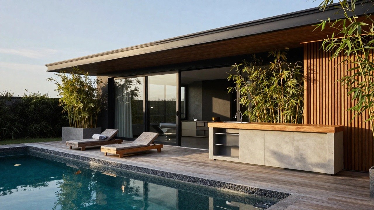Modern pool house pavilion with black metal roof, vertical wood cladding, concrete bar counter with sink, bamboo screens, wooden deck, two lounge chairs, and turquoise pool with black pebble edging.