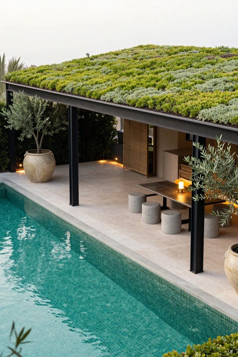 Poolside terrace under a black steel-framed pergola with a lush green sedum roof, wooden dining table with gray concrete stools, turquoise mosaic pool, olive trees in terracotta pots, and landscape plantings.
