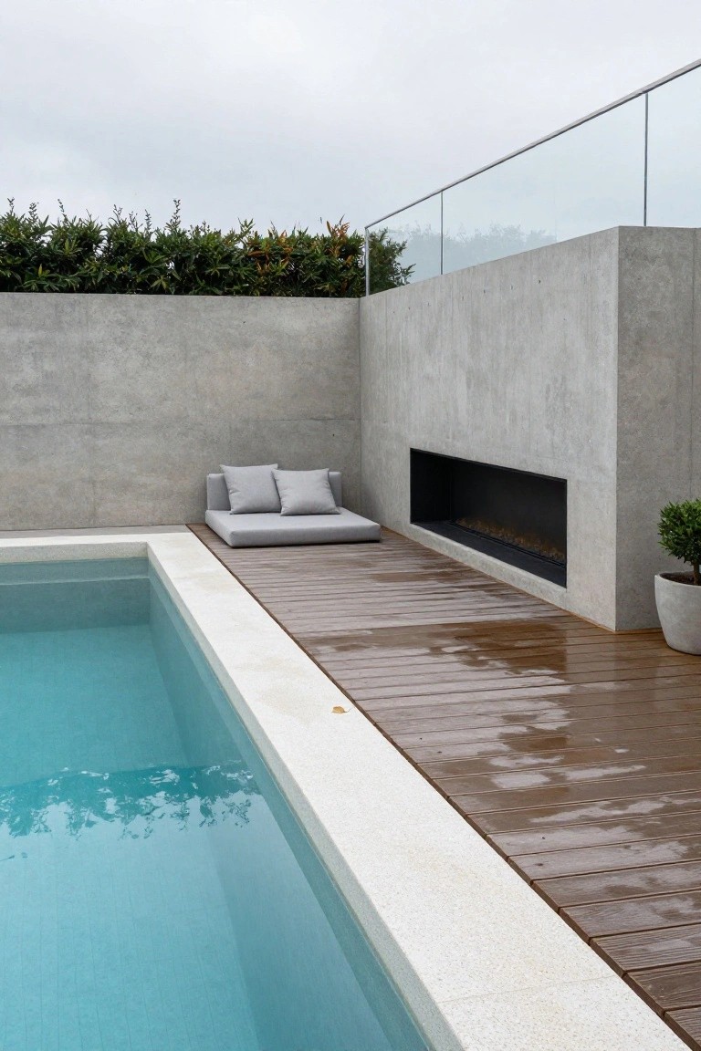 Modern pool deck with turquoise water, white coping, adjacent wooden decking holding a low gray sofa facing a recessed linear fireplace in a tall concrete wall, glass railing, hedges, and potted plant.