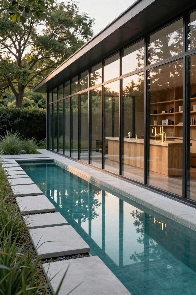 Modern black-framed glass pavilion with oak kitchen and shelves visible inside, adjacent to a narrow turquoise-tiled pool with gray concrete stepping stones across it, ornamental grasses on one side, and trees in the background.