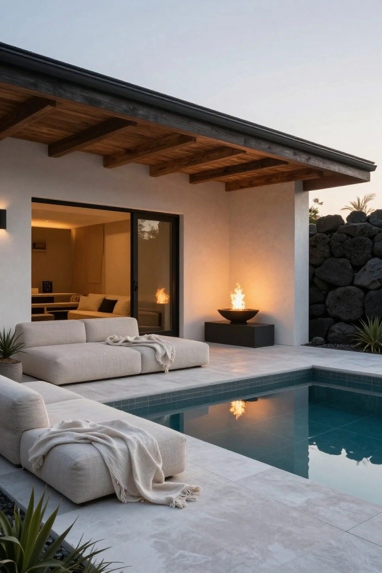 Small turquoise pool with low beige modular sofas and white throws on white tiled deck, lit black fire bowl on plinth nearby, lava rock wall, open glass doors to light interior, plants, at dusk.