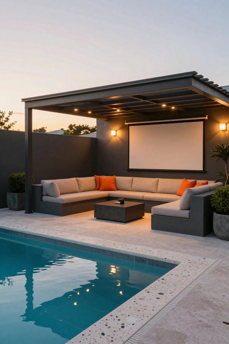 Gray slatted pergola covering beige L-shaped outdoor sofa with orange pillows and low black table, projector screen on dark wall with wall lights, potted plants, and turquoise pool edge at dusk.
