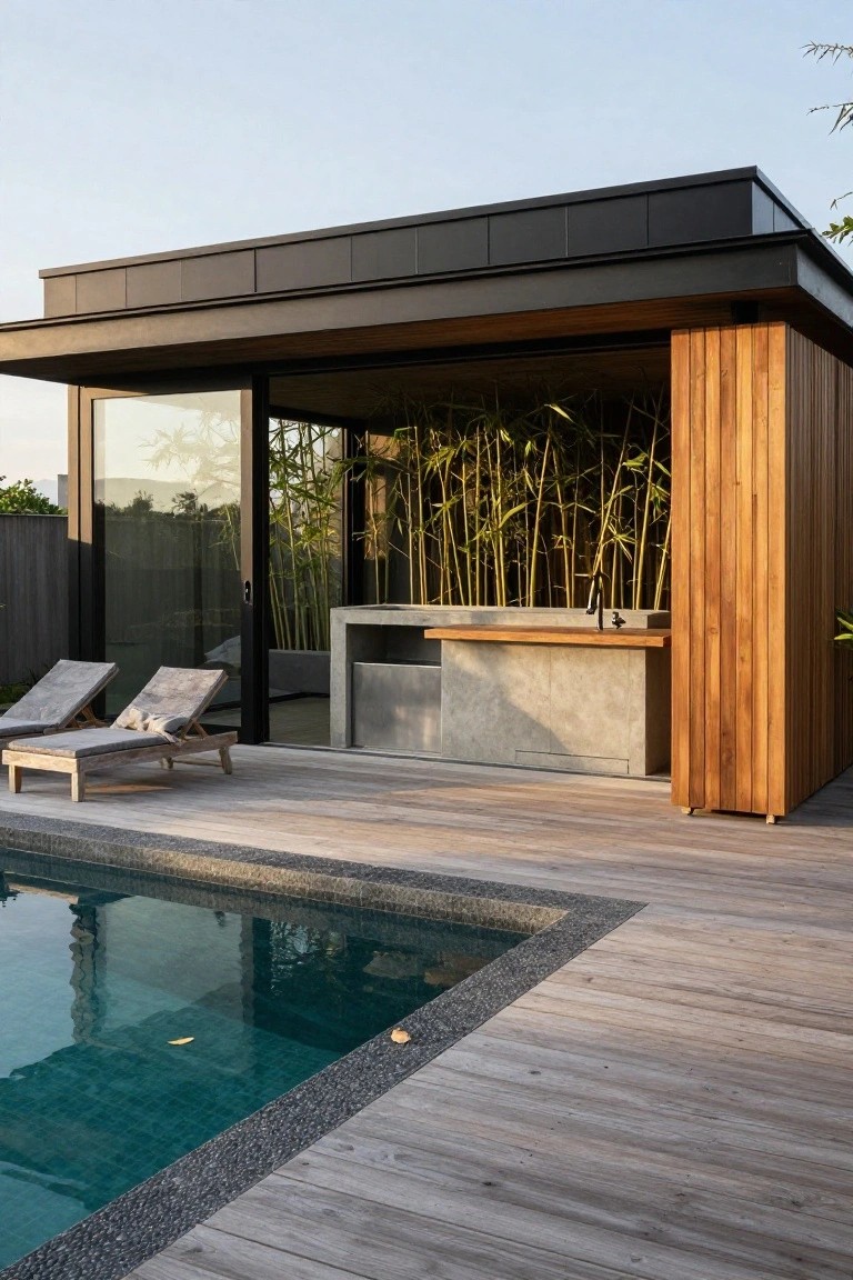 Modern pool house pavilion with black metal roof, vertical wood cladding, concrete bar counter with sink, bamboo screens, wooden deck, two lounge chairs, and turquoise pool with black pebble edging.