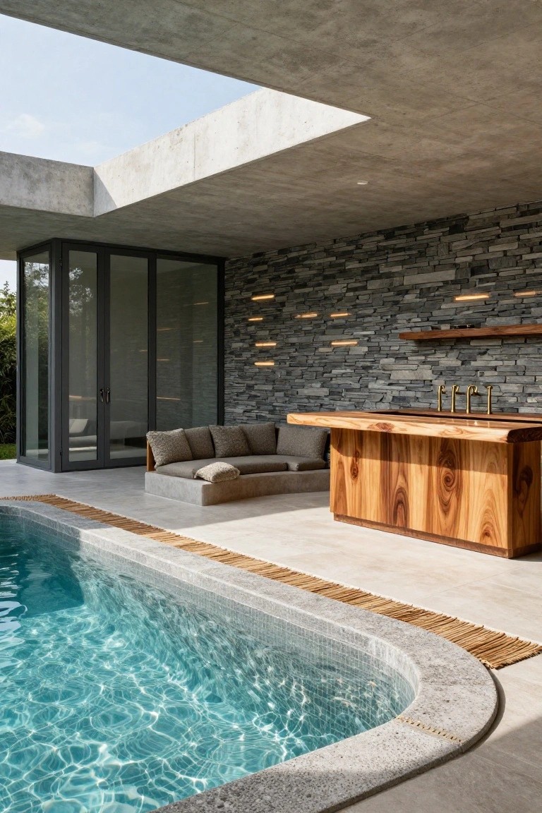 Outdoor poolside area with a large natural wood slab bar counter, low beige cushions on a built-in bench, glass sliding doors to an interior space, dark stone wall with linear LED lights and faucets above the bar, and a curved turquoise pool edged in stone.