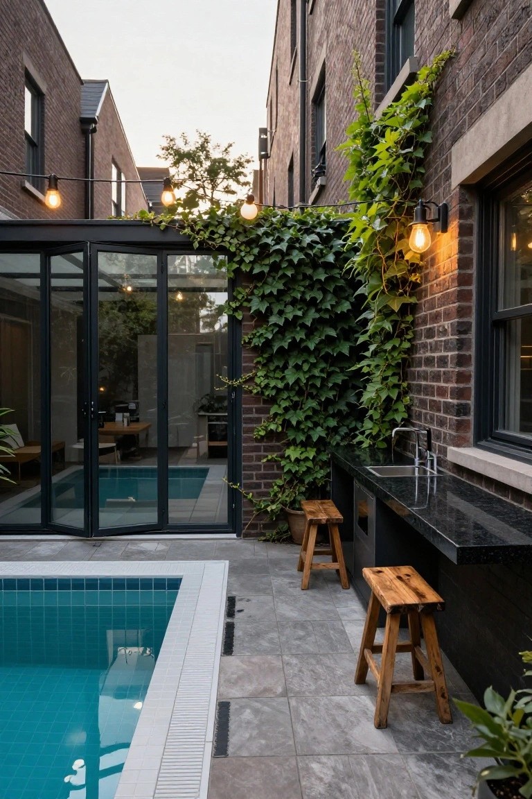 Small turquoise-tiled plunge pool next to a black granite outdoor bar counter with two wooden stools, adjacent to open black-framed glass folding doors from a brick-walled courtyard with ivy climbing the walls and string lights overhead.
