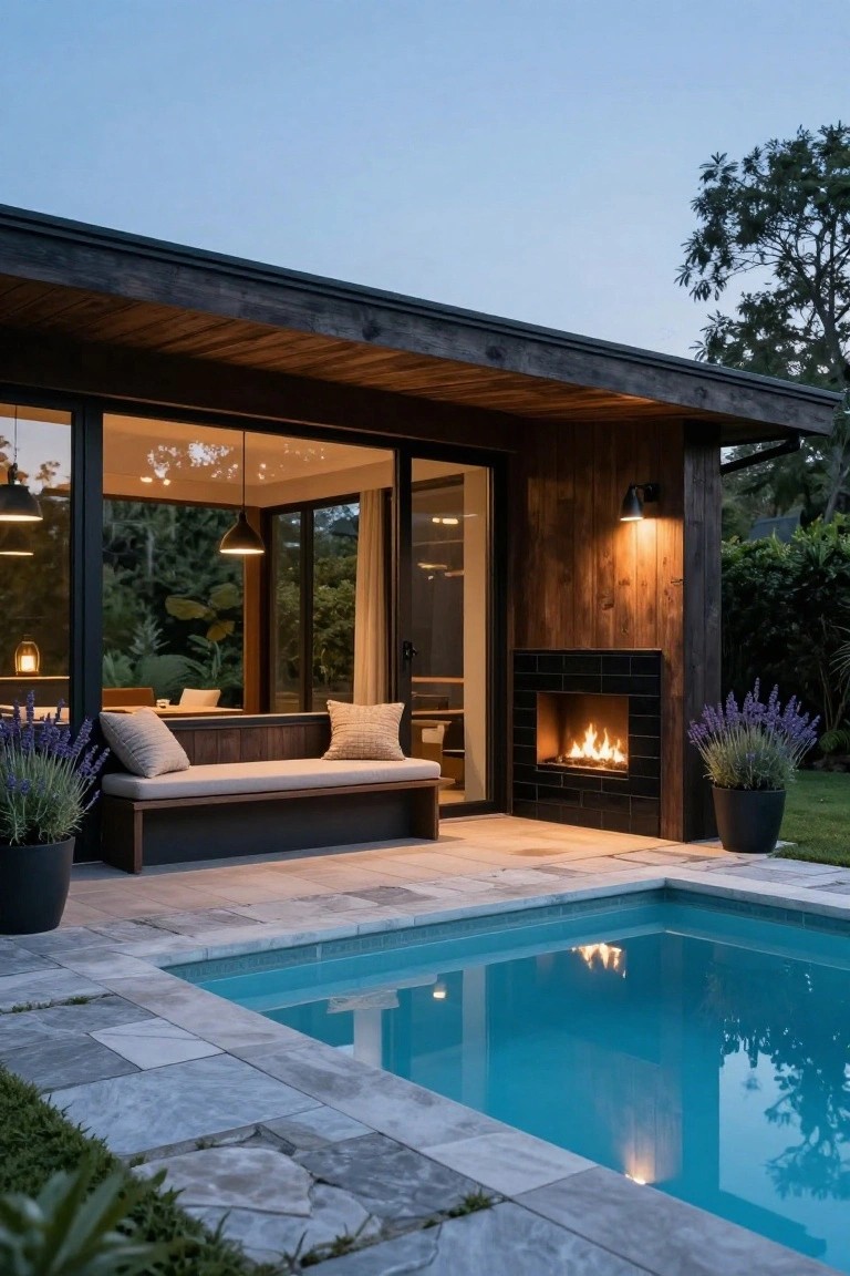 Wooden pool house exterior at dusk with glass walls, built-in cushioned bench next to black linear gas fireplace on stone patio beside small turquoise pool, flanked by lavender plants.