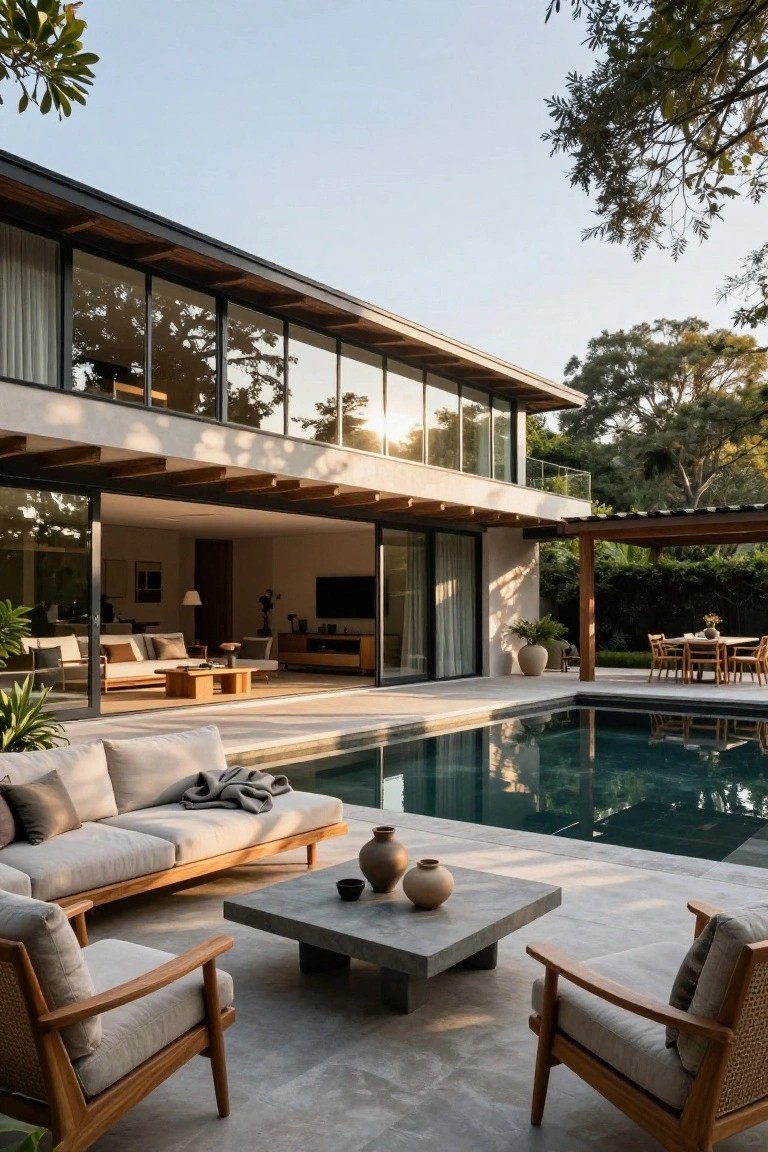 Modern two-story house exterior with large sliding glass doors open to a pool terrace, wooden sofa and rattan armchairs around a concrete table with pottery, rectangular swimming pool, and wooden dining set under pergola.