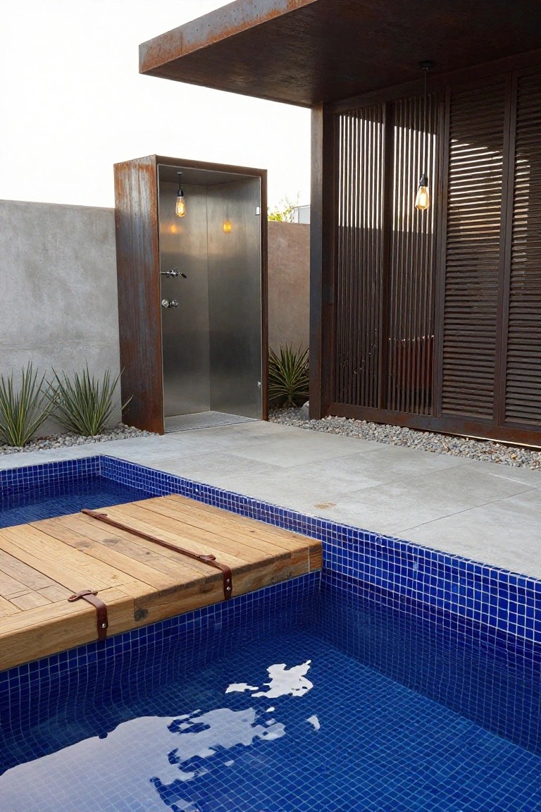 Small blue mosaic-tiled pool with wooden deck platform, adjacent rusted metal outdoor shower enclosure with stainless interior and hanging bulb light, slatted wooden screens, concrete walls, and pebble ground cover.