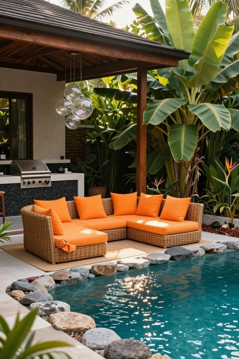 L-shaped orange rattan sofa with cushions on a tiled patio next to a turquoise pool edged with rocks, with a barbecue grill, tropical plants, banana trees, and hanging globe lights under a wooden roof structure.