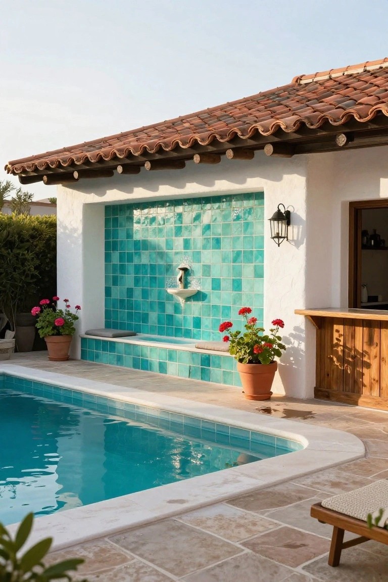 Outdoor pool area with a turquoise tiled fountain wall featuring a bench seat, potted red geraniums on either side, a wooden bar counter, white stucco architecture, terracotta roof tiles, and a lounge chair nearby.