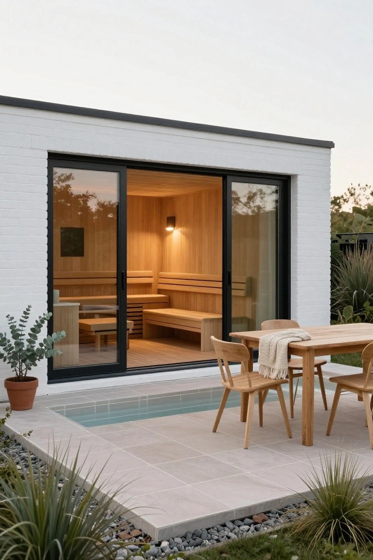 White brick pool house with open black-framed sliding glass doors showing wood-paneled sauna interior and benches, adjacent to turquoise rectangular plunge pool, wooden dining table with chairs on light tiled patio amid agave plants and gravel.
