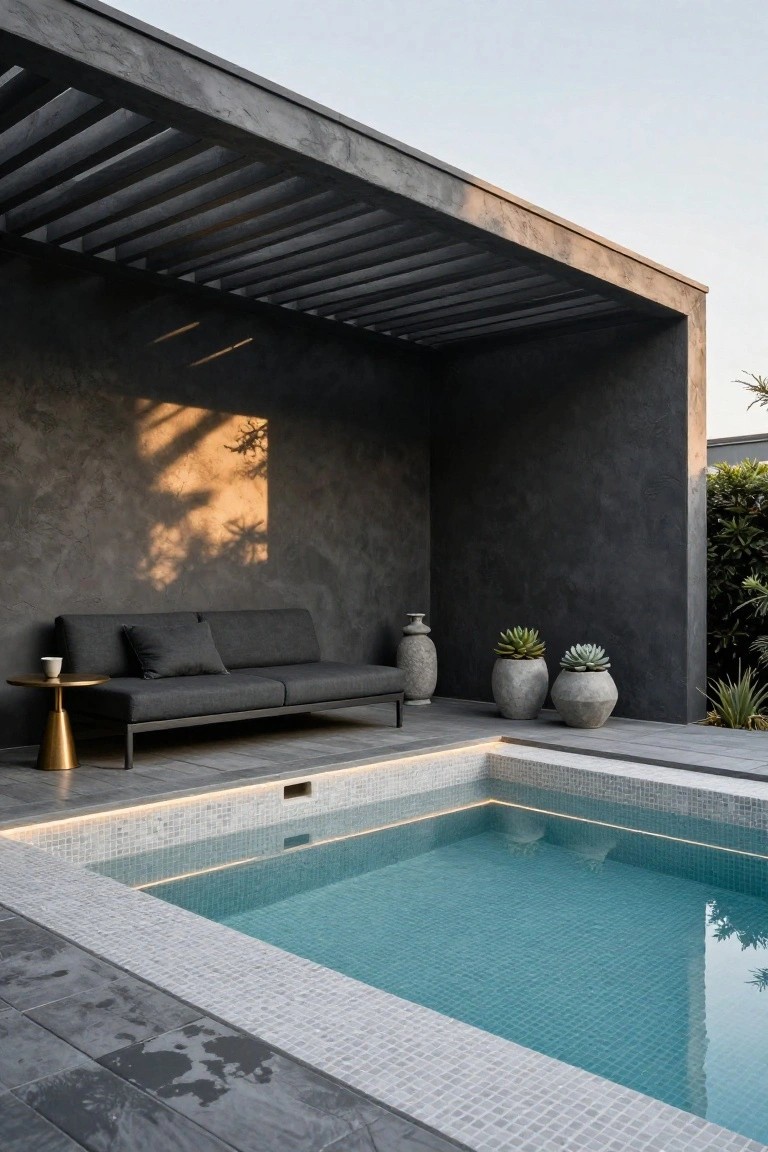 Outdoor lounge with gray sofa, gold side table, coffee cup, potted plants, and succulents next to a small turquoise tiled plunge pool under a louvered concrete canopy with textured gray walls and tiled pool edge.