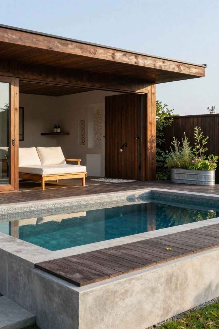 Wooden-roofed pool house pavilion with open sliding glass doors showing a cushioned daybed inside, next to a small blue-tiled plunge pool on a wooden deck with concrete edging and potted plants nearby.