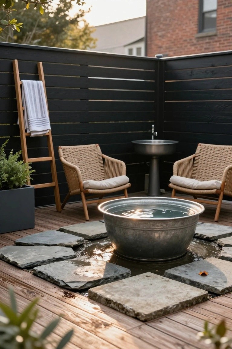 A large galvanized metal stock tank filled with water on a wooden deck surrounded by irregular stone pavers, with two rattan armchairs, a metal pedestal sink, wooden towel ladder, potted plant, and black slatted fence in the background.