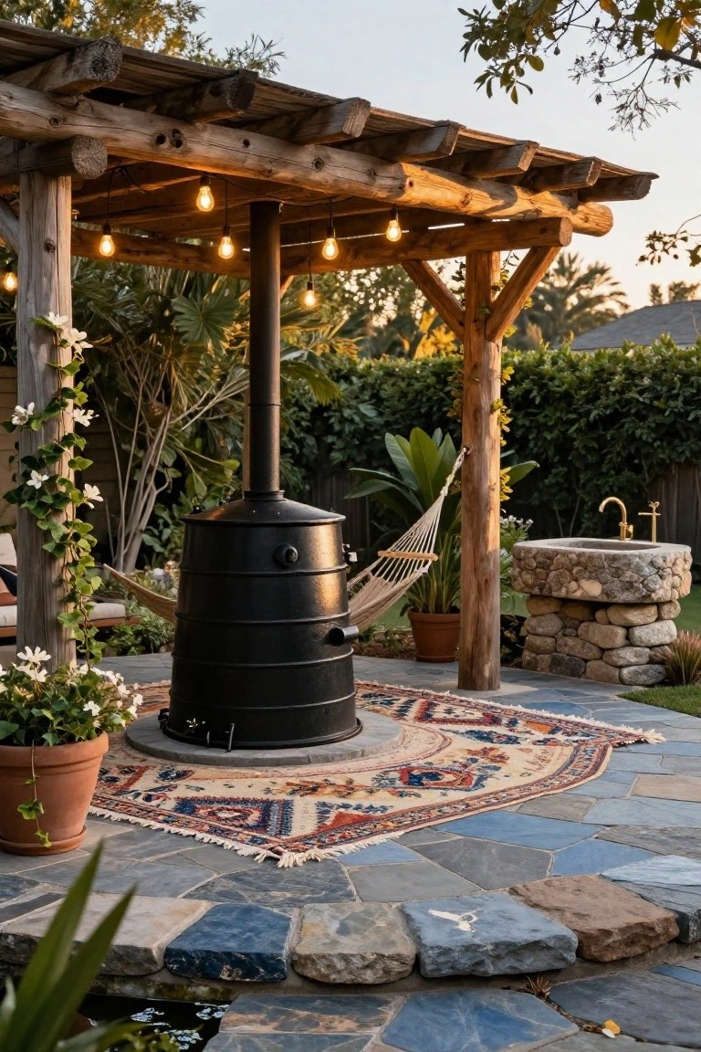 Wooden pergola with string lights over an outdoor patio featuring a central tall black cylindrical wood-burning stove, hammock between posts, potted plants, stone pedestal sink, patterned rug on slate pavers, and small foreground water feature.