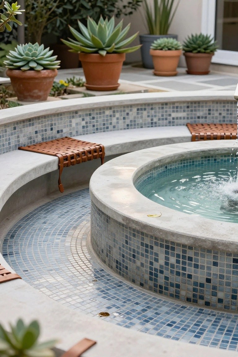 Curved concrete bench with blue mosaic tile accents encircles a small round fountain pool in an outdoor courtyard surrounded by potted succulents in terracotta pots.