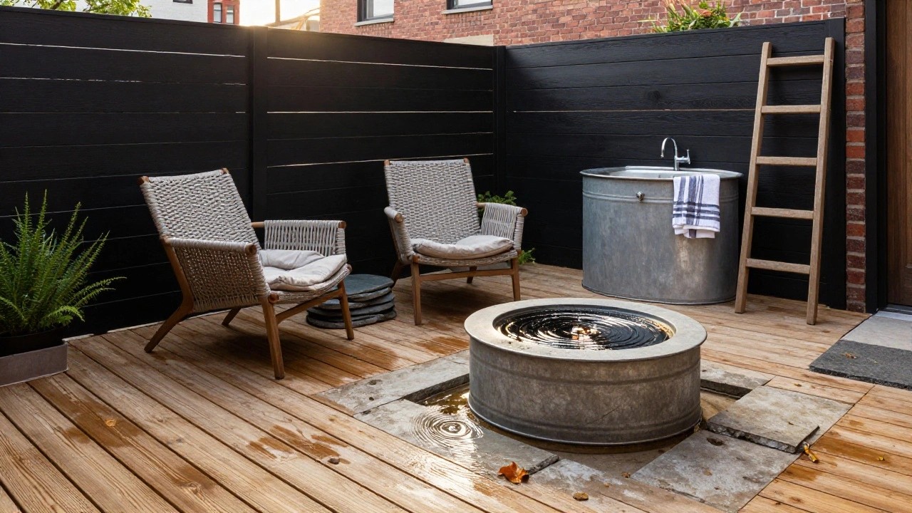 A large galvanized metal stock tank filled with water on a wooden deck surrounded by irregular stone pavers, with two rattan armchairs, a metal pedestal sink, wooden towel ladder, potted plant, and black slatted fence in the background.