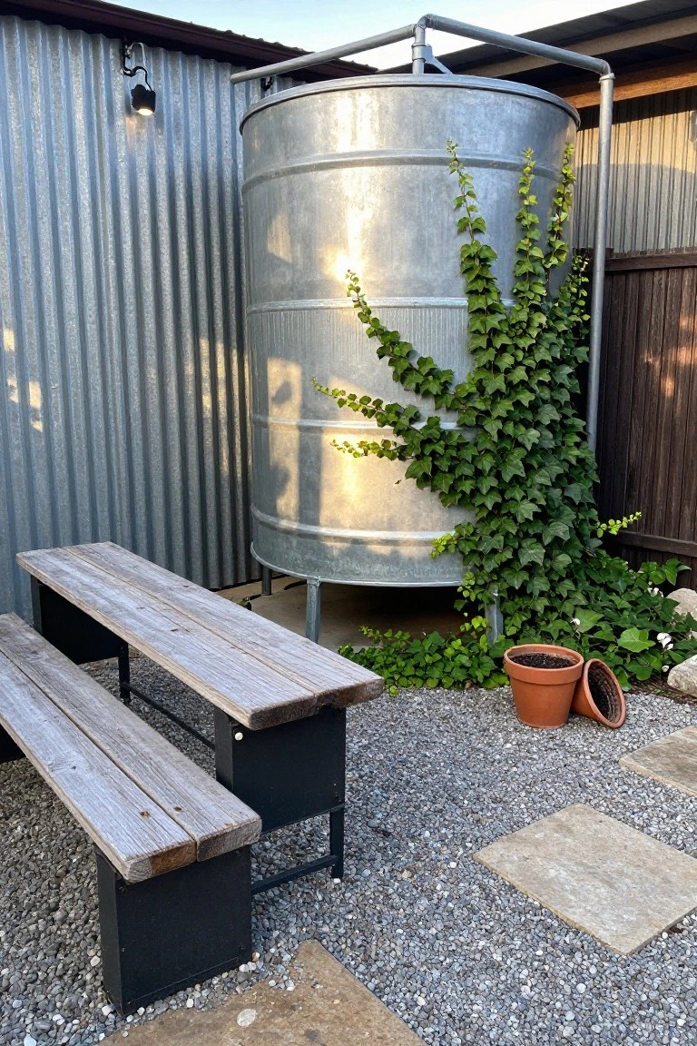 Galvanized metal stock tank with climbing ivy on its side, wooden bench on black metal legs nearby, gravel ground, potted plants, and corrugated metal walls in outdoor setting.