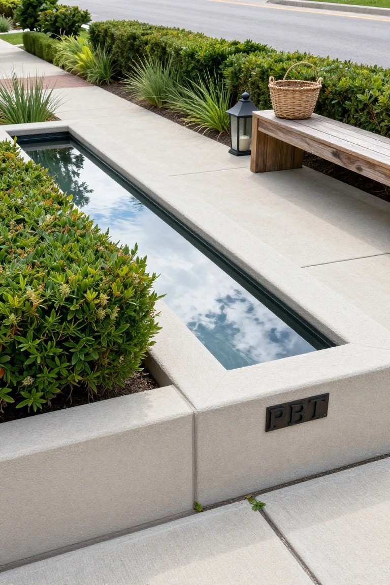 Narrow rectangular reflecting pool built into concrete alongside a walkway, edged with boxwood hedges, a wooden bench with lantern and basket nearby, and a metal plaque labeled PBT on the pool edge.