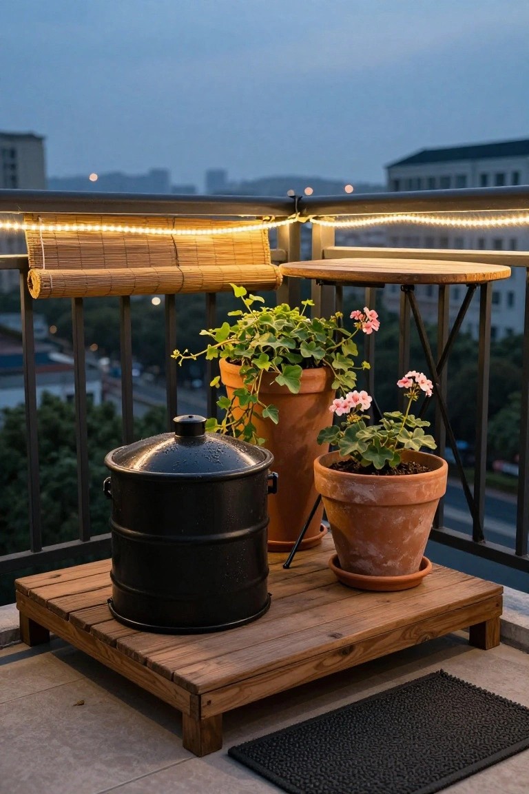 Black lidded stock tank elevated on a wooden platform on a balcony, surrounded by potted plants with pink flowers, bamboo screen, string lights, and city buildings in the background at dusk.