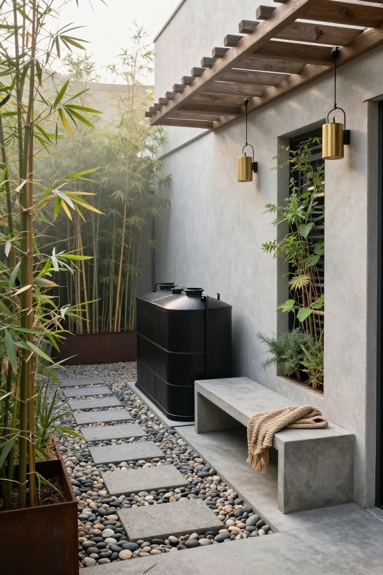 Outdoor courtyard with tall bamboo plants in metal planters, pebble and concrete paver pathway leading to a black cylindrical stock tank and gray concrete bench with beige throw blanket, wooden pergola overhead, gold wall lights, and vertical greenery on a stucco wall.