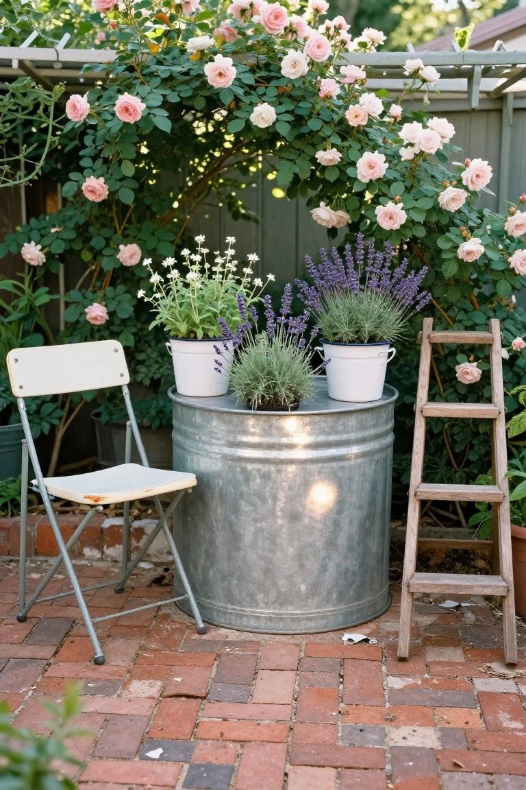 Galvanized metal stock tank on brick patio surrounded by potted lavender and daisies, climbing pink roses on trellis against wooden fence, wooden step ladder, and white folding chair.