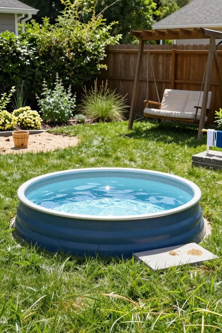 Round blue stock tank pool placed on grass in a backyard with surrounding plants, wooden porch swing, sandbox area, potted bucket, and stone pavers.
