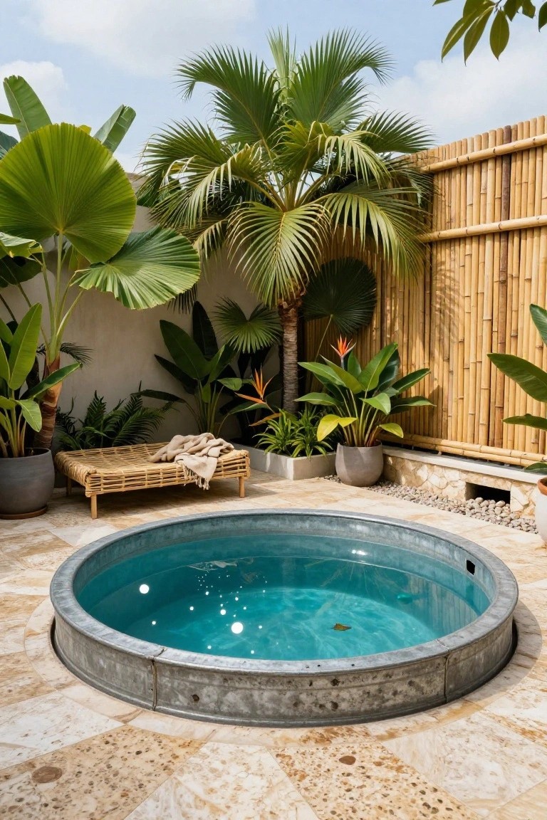 Round galvanized stock tank pool set into a beige tiled outdoor patio surrounded by lush tropical plants including palms and ferns, with a woven daybed lounge and bamboo fence enclosure.