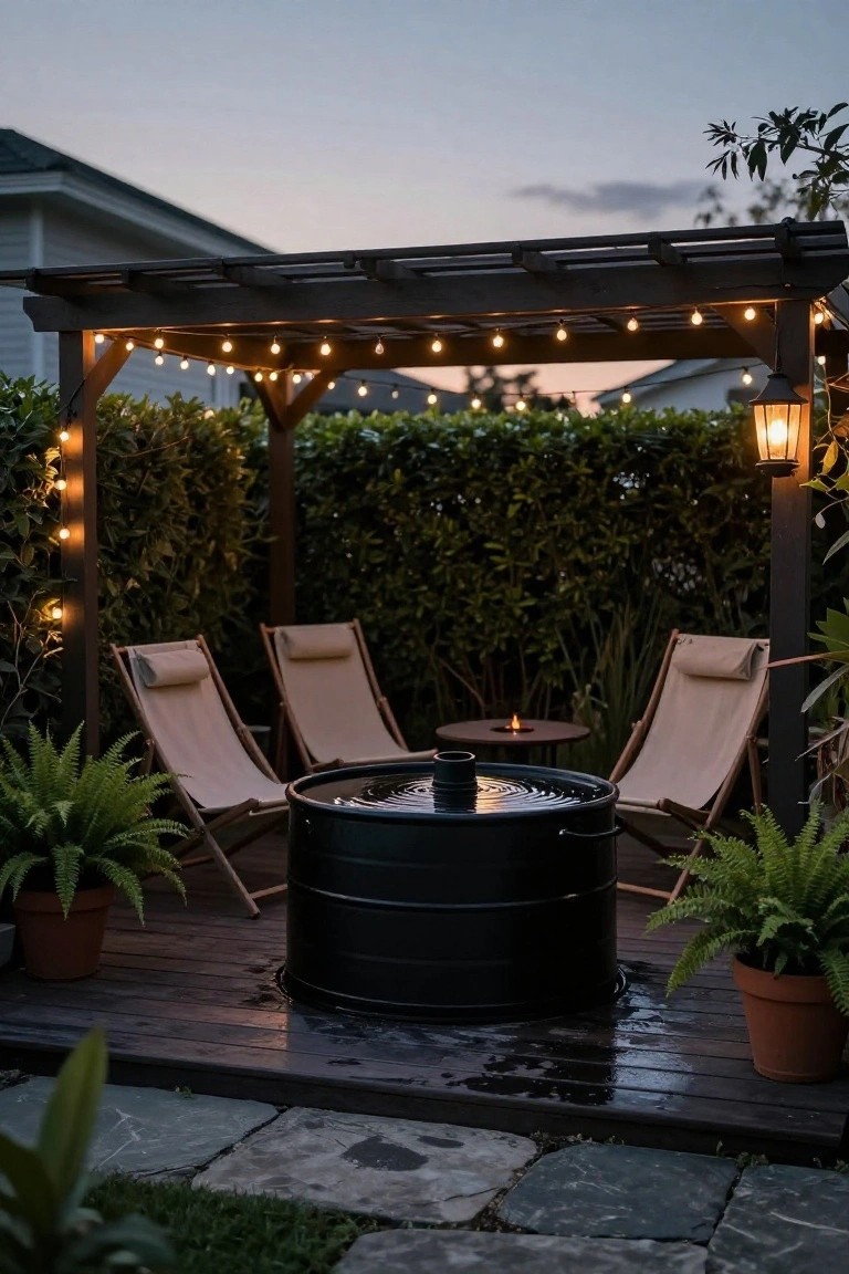 Wooden pergola-covered deck with two beige canvas loungers arranged around a black cylindrical stock tank pool containing water, overhead string lights, potted ferns, small round table with candle, hanging lantern, and surrounding hedges at dusk.
