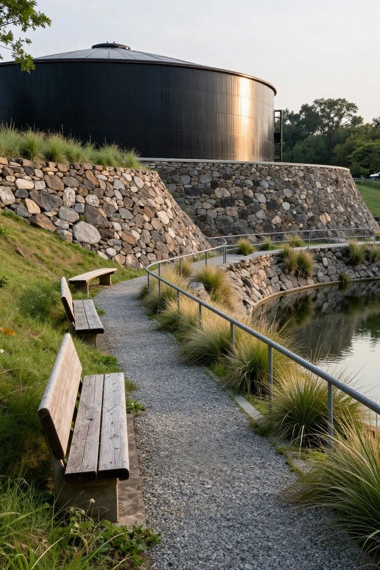 A large black cylindrical metal tank elevated on a curved stone retaining wall, with a gravel path, wooden benches, ornamental grasses, and a small adjacent pond in an outdoor landscape.