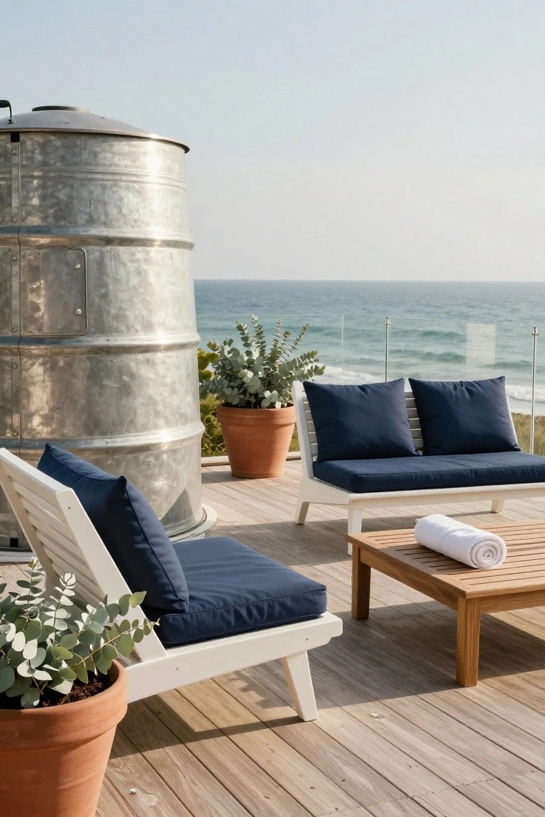 Galvanized metal stock tank used as a pool on a wooden rooftop deck next to white lounge chairs and loveseat with navy cushions, teak coffee table with towel, potted plants, and ocean view beyond glass railing.