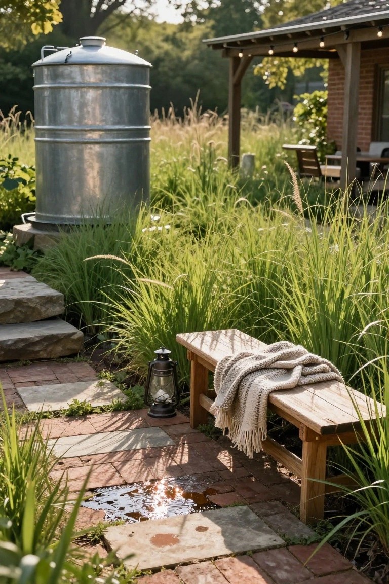 Silver metal stock tank elevated on stone base amid tall green grasses, wooden bench with gray knit blanket and black lantern on brick path near backyard house and pergola.