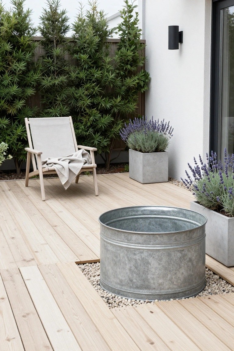 Wooden deck outdoors with a large galvanized metal stock tank sunk into the floor and edged by pebbles, a wooden chair draped with a blanket, potted lavender plants, green hedges, and a white wall with glass door and black wall light.